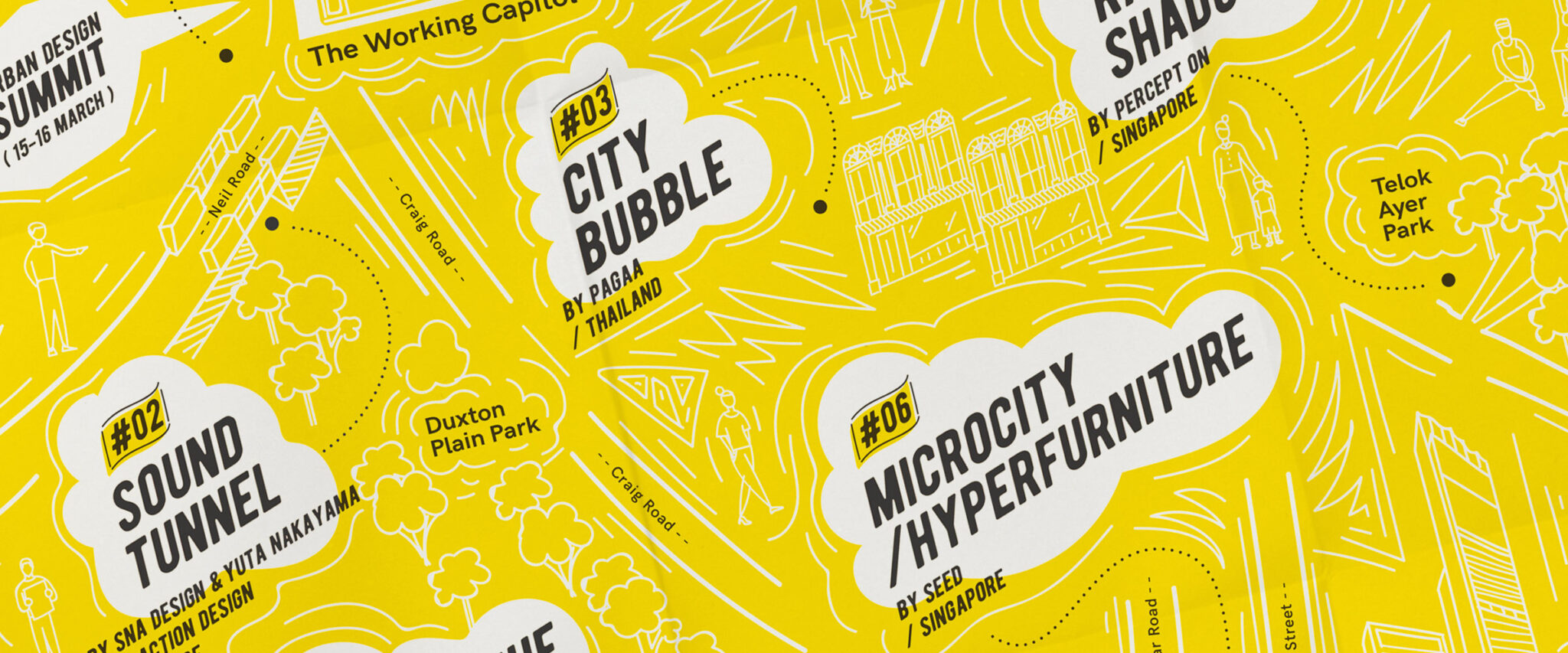 Grafica su sfondo giallo con elementi urbani stilizzati e testi in bianco, raffigurante le diverse installazioni e attività del Singapore Urban Design Festival 2018.