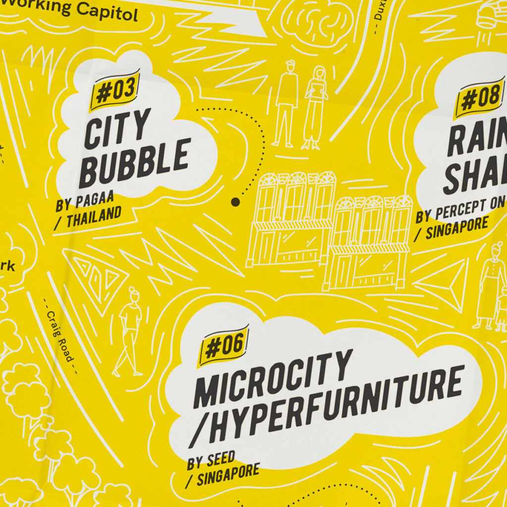 Grafica su sfondo giallo con elementi urbani stilizzati e testi in bianco, raffigurante i diversi eventi e installazioni del Singapore Urban Design Festival 2018